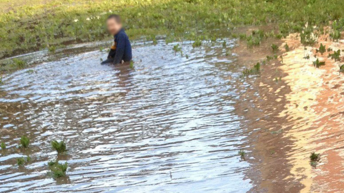 В соцсетях появились фотографии маленького мальчика, купавшегося в луже