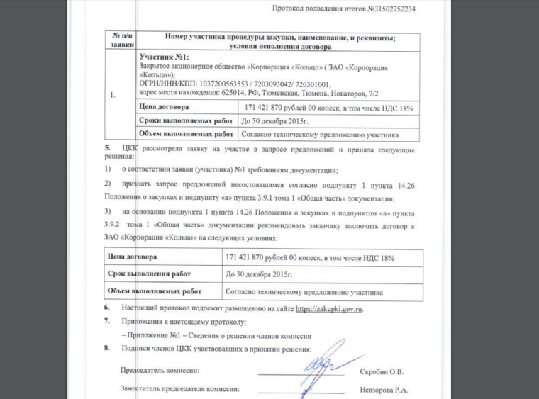Конкурс был признан несостоявшимся, договор заключен с тюменским ЗАО «Корпорация «Кольцо»