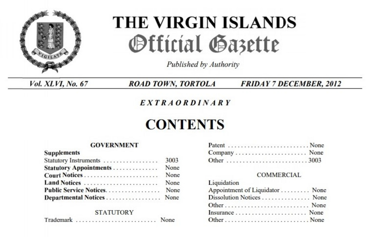 Шапка журнала правительства Виргинских островов, в котором опубликовано объявление об «административном вычеркивании» фирмы Гаффнера