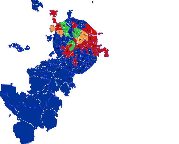Карта результатов выборов в Мосгордуму-2019: синий цвет — округа, где победила ЕР, красный — КПРФ, зеленый — «Яблоко», желтый — СР