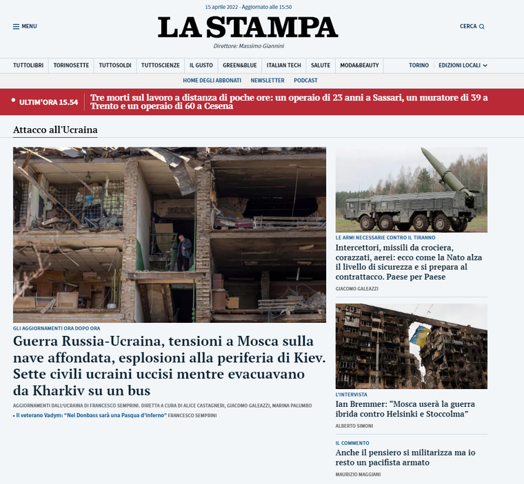 Так выглядит главная страница La Stampa 15 апреля. Все главные новости издания посвящены спецоперации РФ на Украине с уклоном на киевский режим