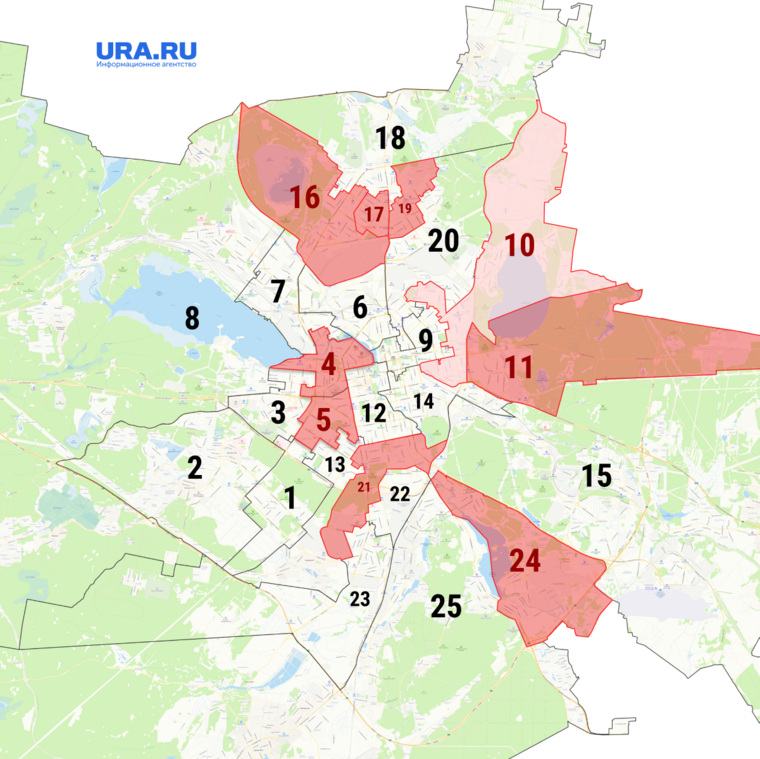 Округа, где ожидаются конфликты, отмечены красным. Пока средний уровень угрозы для власти — в округе №10