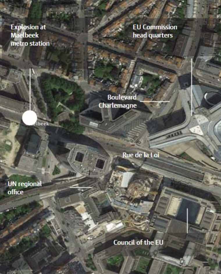 Одно из мест взрывов, станция метро «Мельбек», находится вблизи важных объектов Евросоюза