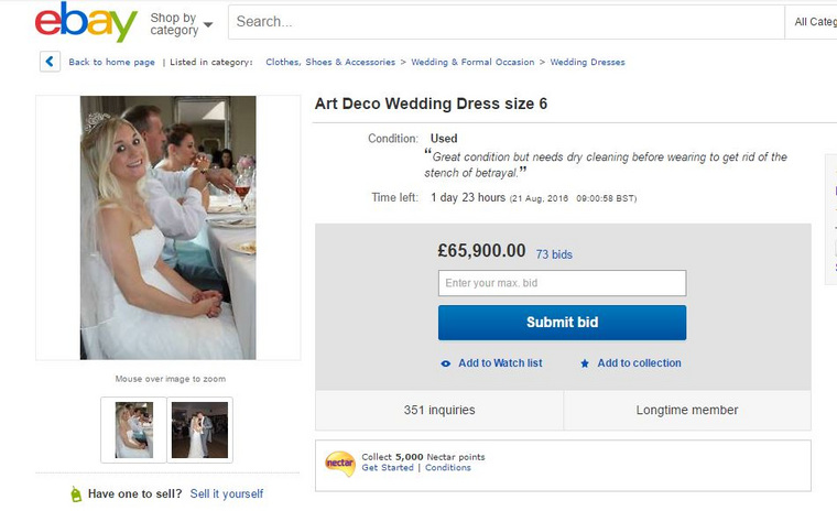 За время размещения на сайте, «несчастливое» свадебное платье несколько раз выросло в цене