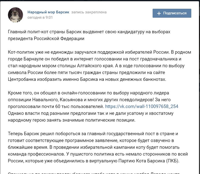Заявление кота Барсика висит у него на страничке во «ВКонтакте»