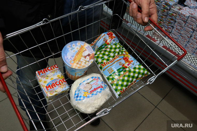Контрольная закупка Юргамышского молока.
Курган, корзина с продуктами