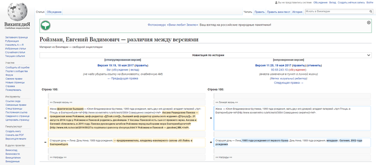История правок в статье о Евгении Ройзмане сохранена в Википедии до сих пор