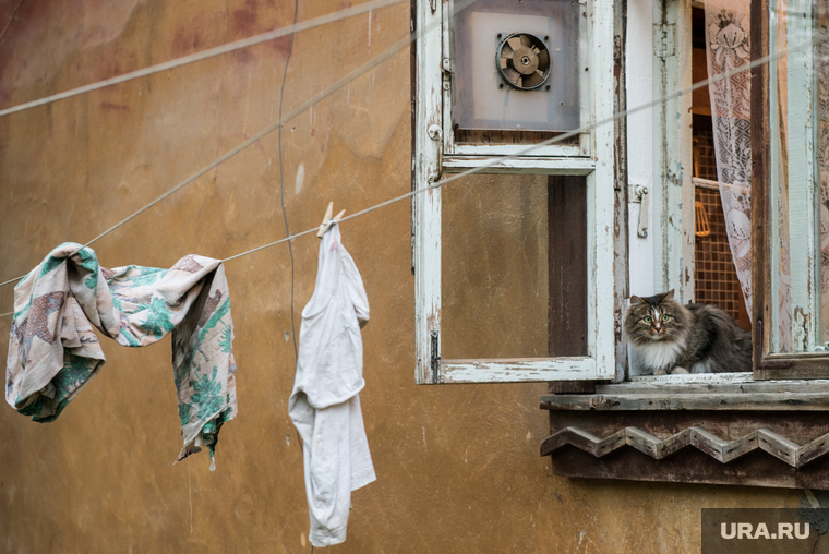 Клипарт. Екатеринбург, старый дом, барак, кот, сушится одежда, домашние животные, питомец, жилье
