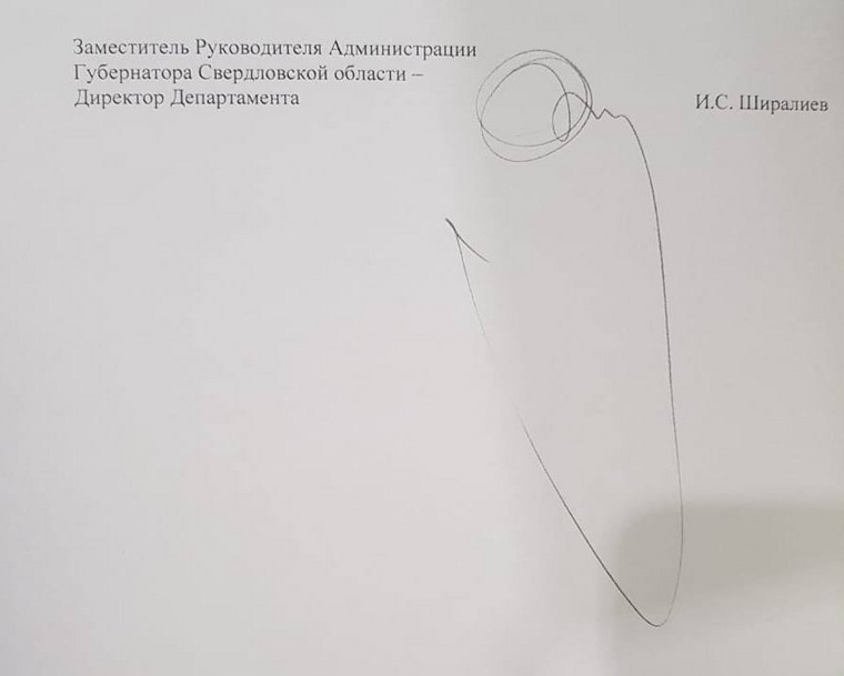 Так выглядит размашистый автограф заместителя главы администрации свердловского губернатора Ильхама Ширалиева