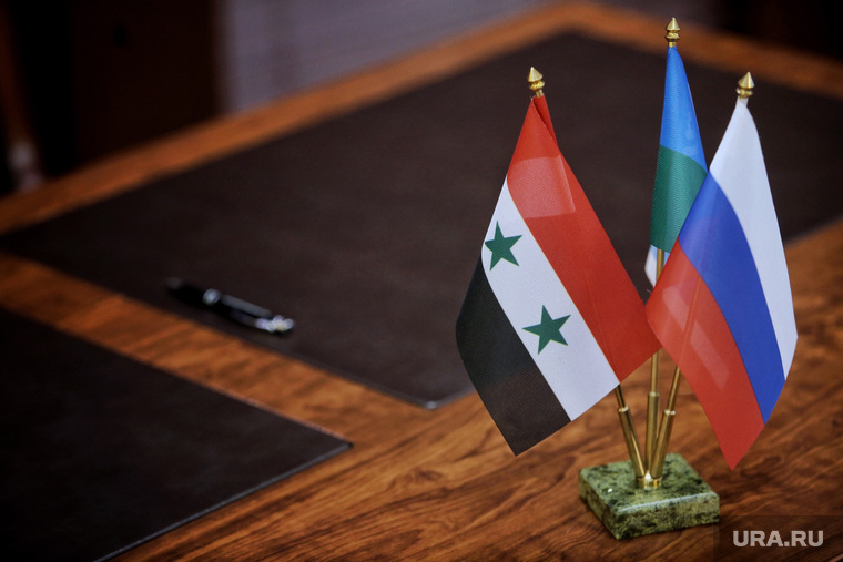 Подписание соглашения о сотрудничестве между правительством ХМАО и сирийской провинции Хомс. Ханты-Мансийск, флажки, флаг сирии, флаг россии