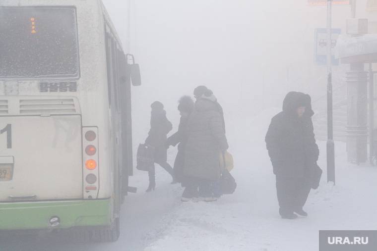 Мороз и ледяной туман. Салехард. 31 января 2019 г, зима, автобус, пассажиры, мороз, туман