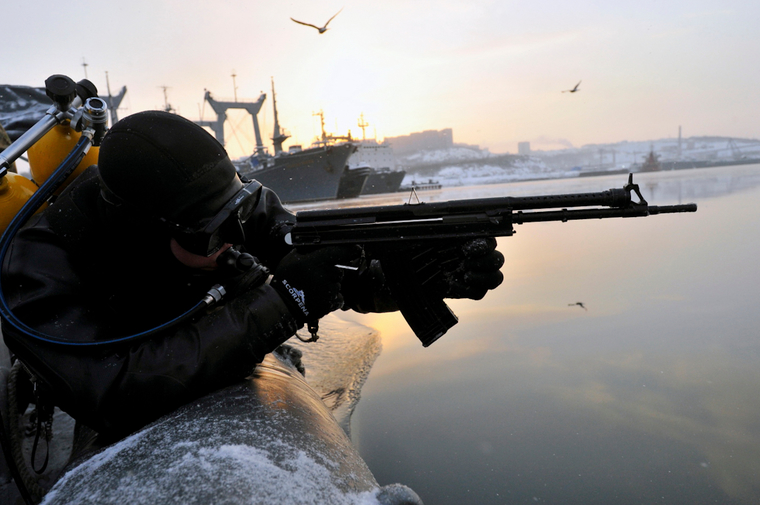В главной базе Северного флота впервые заступил на боевое дежурство новый отряд по борьбе с подводными диверсантами, военные, оружие, водолаз