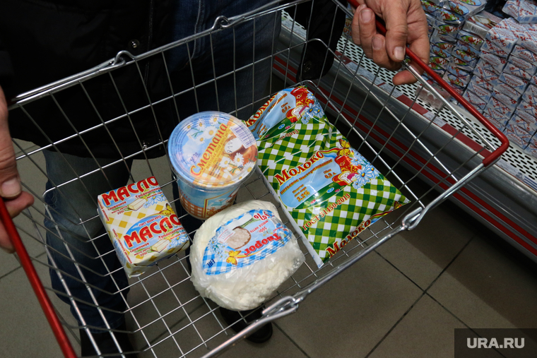 Контрольная закупка Юргамышского молока.
Курган, корзина с продуктами