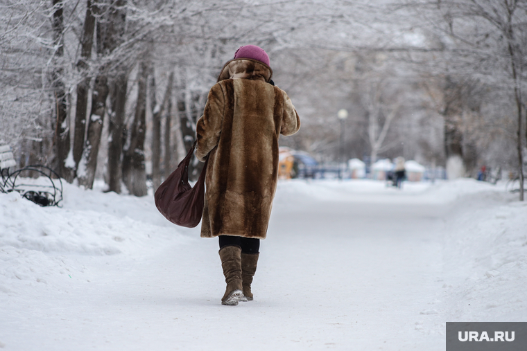 Виды города. Курган, снег, зима, женщина, гор сад, пенсинерка