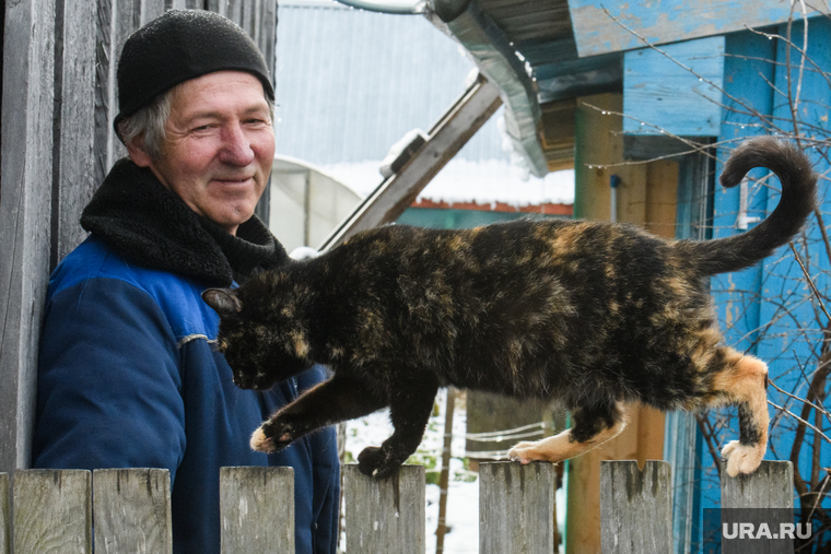 Деревня Корзуновка Ачитского района Свердловской области, пенсионер, кошка, улыбка, радость, мужчина, домашний питомец, уличные животные, забор, пенсионный возраст