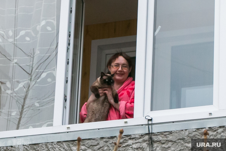 Карантин. Курган, женщина в окне, женщина с кошкой, человек на балконе, женщина на балконе