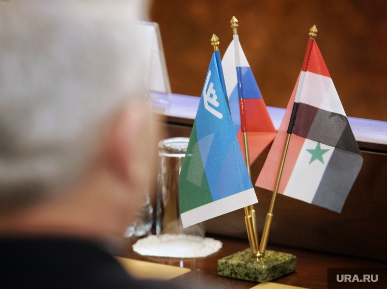 Подписание соглашения о сотрудничестве между правительством ХМАО и сирийской провинции Хомс. Ханты-Мансийск, флажки, флаг хмао, флаг сирии