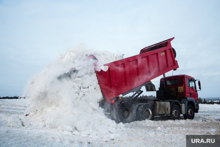Полигон для складирования снега компании ЮВИС. Сургут, грузовики, вывоз снега, самосвалы