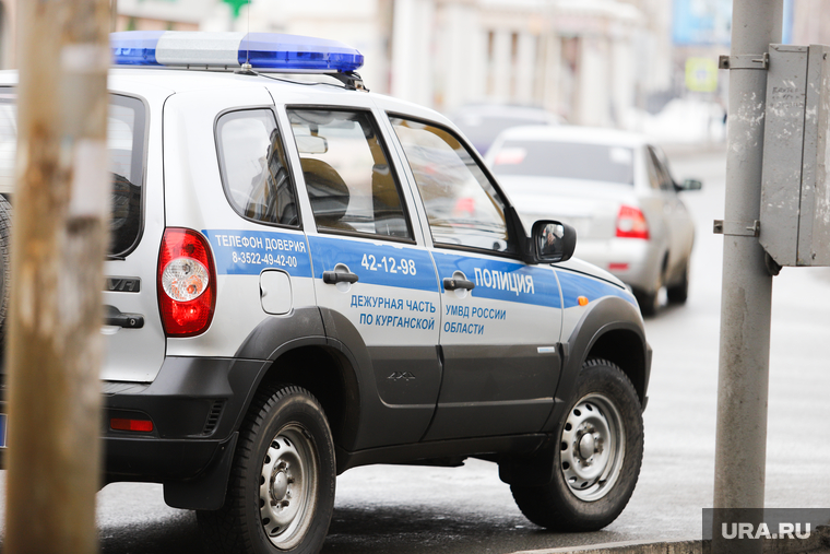 Виды города. Курган, машина полиции, полицейская машина