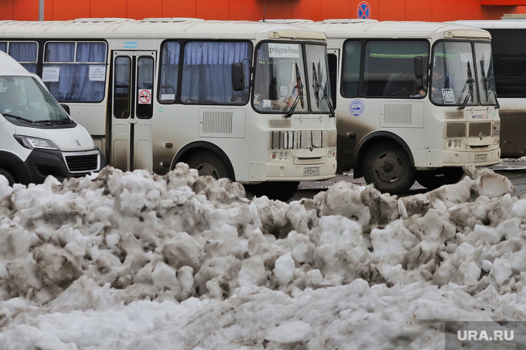 Город.  Курган, снег, зима, автобус, общественный транспорт
