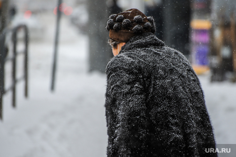 Снегопад, зима. Челябинск, снег, пенсионер, пешеход, снегопад, зима, люди, женщина, дорога, пожилой человек