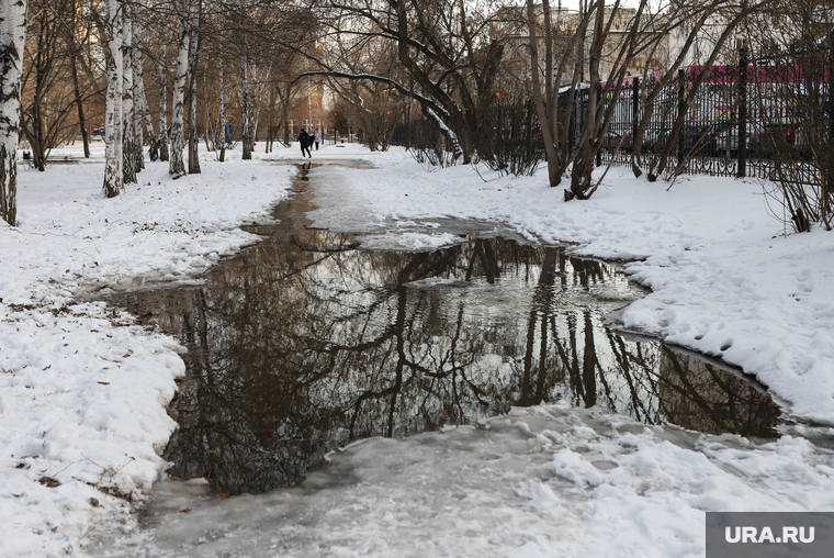 Виды города. Курган, снег, зима, горсад, весна, лужа