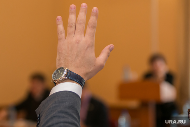 Заседание городской Думы. Курган, часы, рука, ладонь, поднятая рука, пальцы, кисть руки, левая рука, голосование