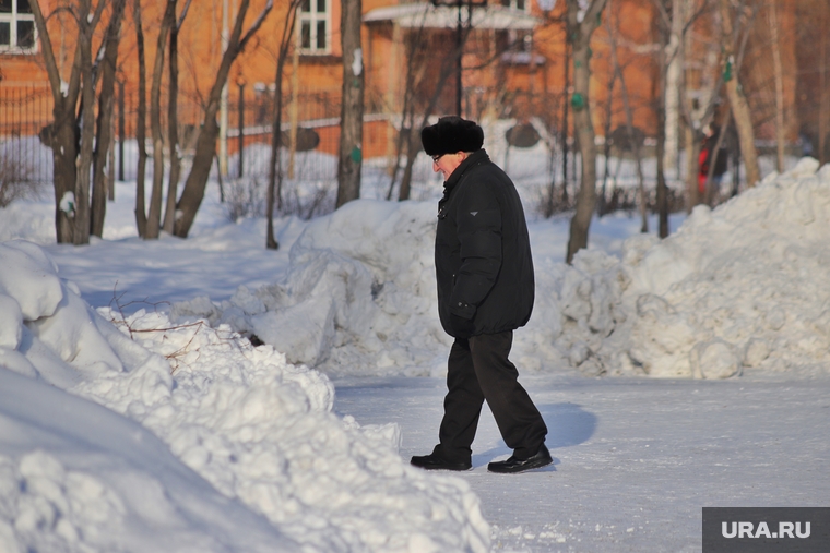 Город. Курган, снег, пенсионер, зима, горсад в снегу