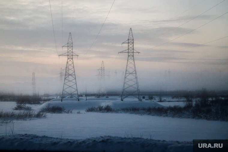Виды Салехарда, зима, линия электропередач, лэп, электрификация, туман
