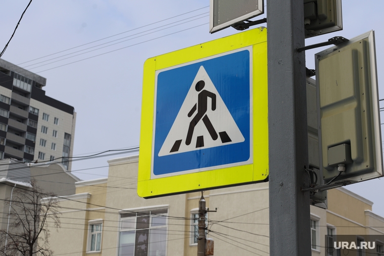 Здание росреестра. Курган, пешеходный переход, дорожный знак