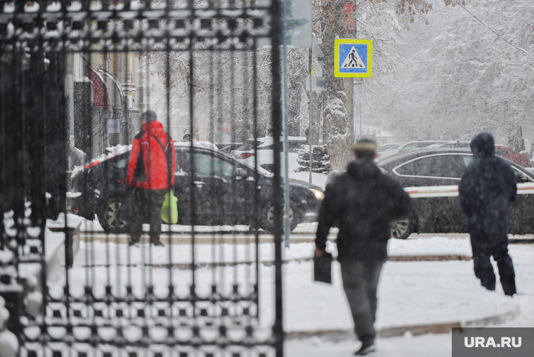 Снегопад. Челябинск, снег, ворота, пешеходный переход, буран, метель, погода, непогода, ограда, городской пейзаж, снегопад, климат, забор, знак перехода