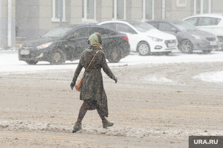 Снегопад днем. Челябинск, пешеход, снегопад