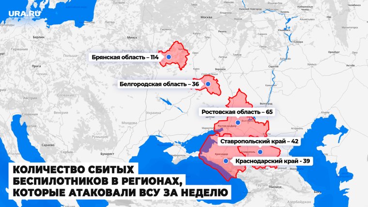 Регионы, в которых сбили наибольшее количество дронов