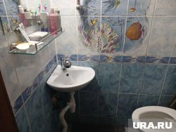 В санузле есть раковина с душем и унитаз