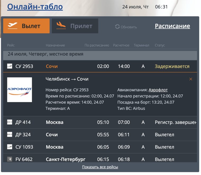 Рейс из Челябинска в Сочи задержали на 12 часов 