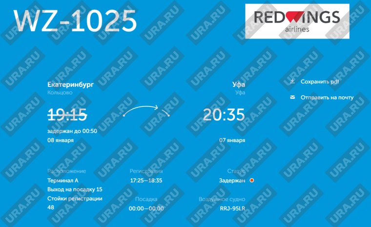 Рейс авиакомпании Red Wings должен вылететь в 00:50