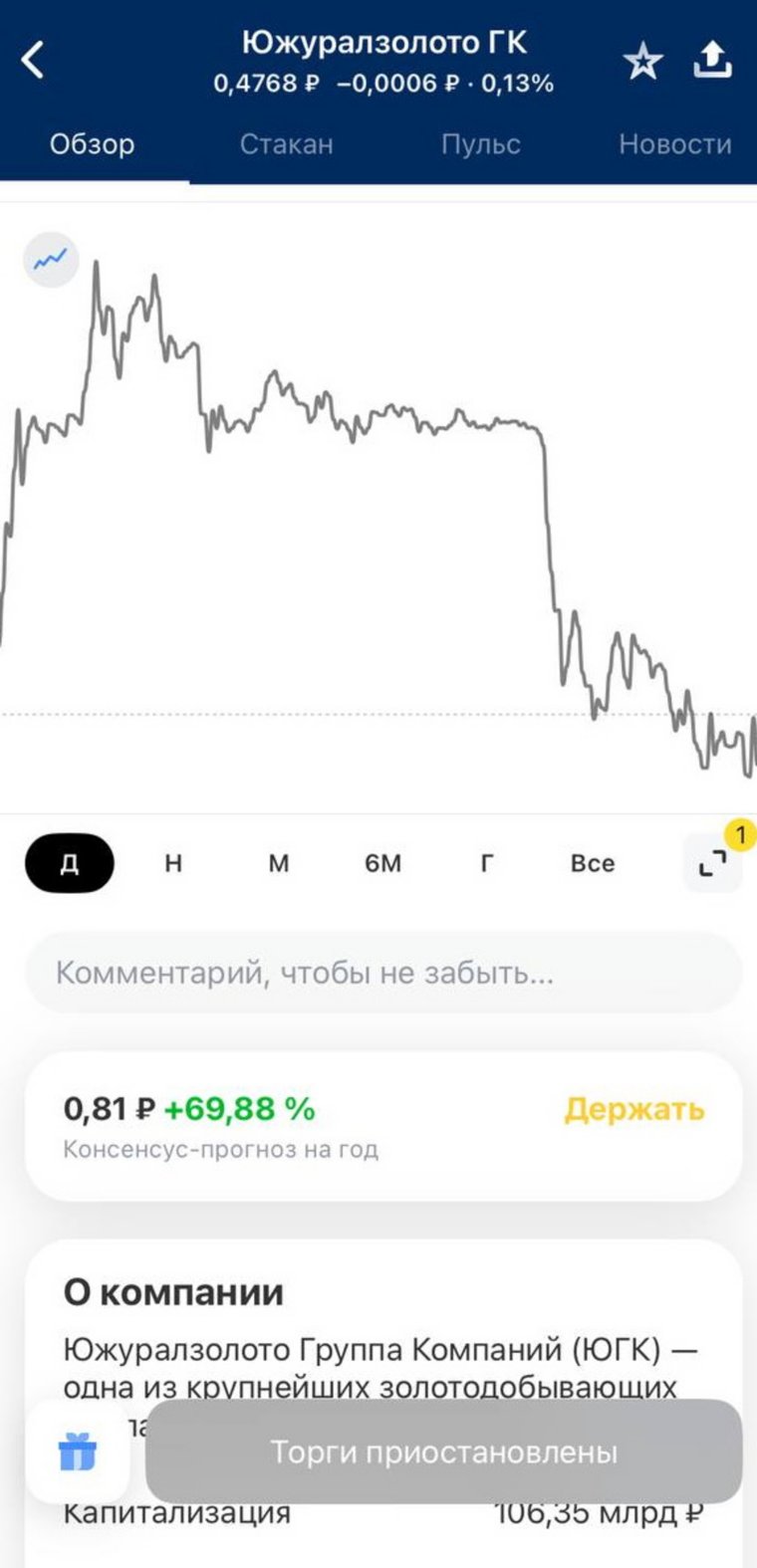«Т-банк» уведомил клиентов о приостановке торгов акциями ЮГК