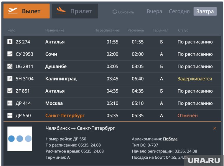 Отменен рейс из Челябинска в Санкт-Петербург 