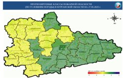 Прогноз пожарной опасности в регионе за 27 мая (желтый цвет - третий класс, зеленый - второй)