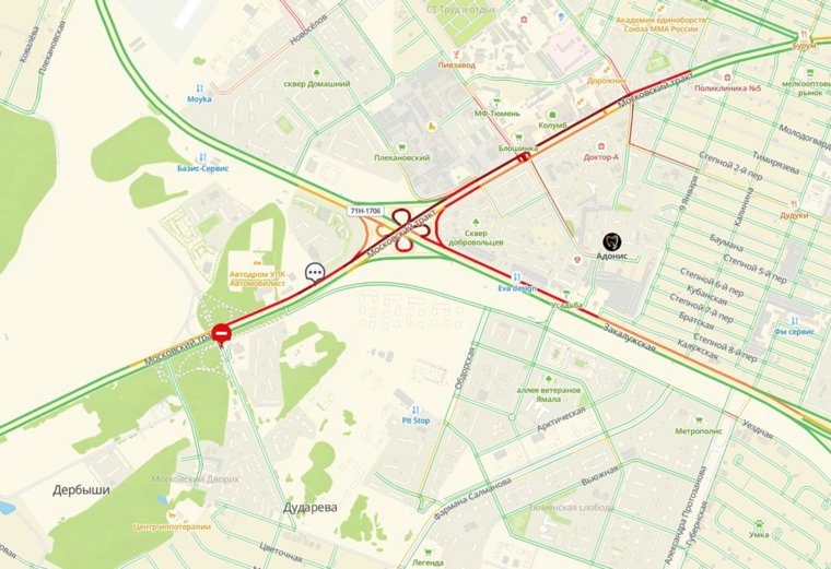 Карта пробки на Московском тракте в Тюмени