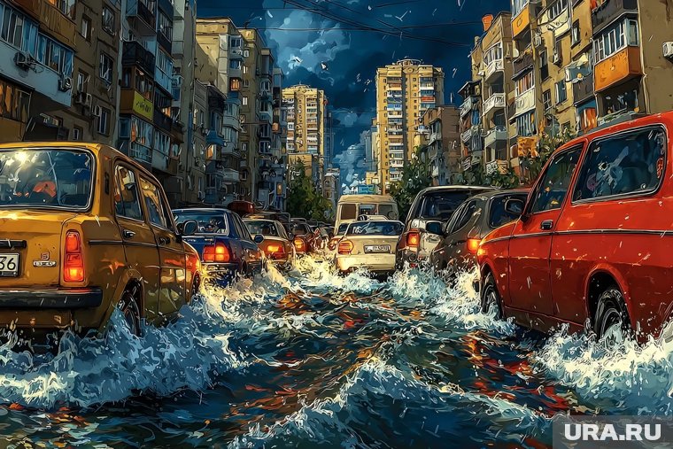 Потоки воды с большой скоростью устремились по улицам, снося автомобили