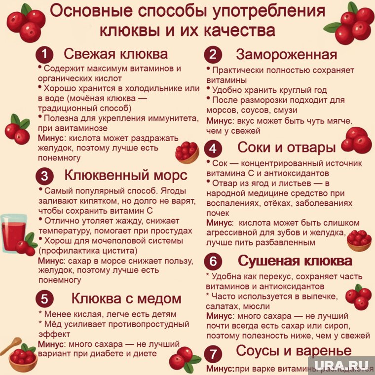 В итоге: самая полезная клюква — свежая, замороженная и морс, лучшая для зимнего хранения — моченая и замороженная, а для сладкоежек — с медом или в виде варенья