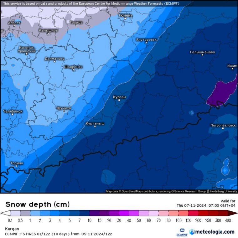 На карте показан прогноз высоты покрова на 8:00 часов 7 ноября