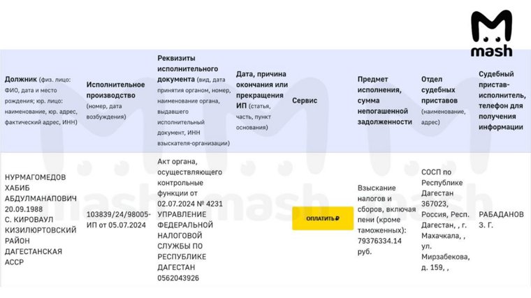 Исполнительное производство в отношении Хабиба Нурмагомедова