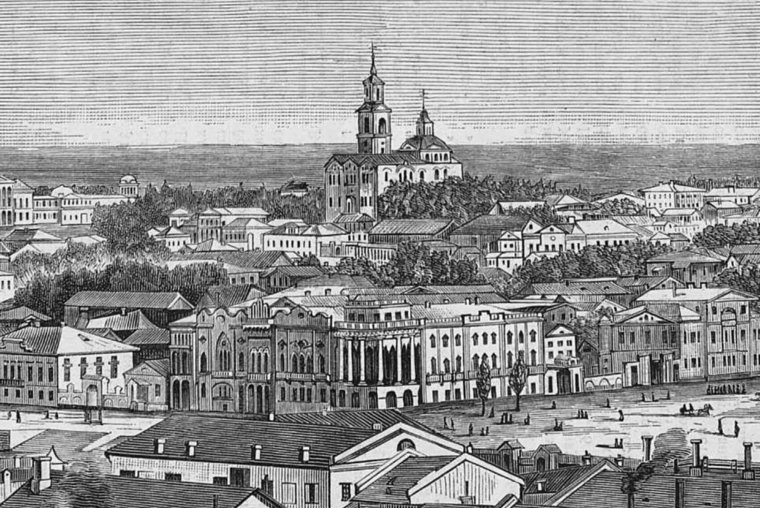 Реконструированное здание (в центре) на гравюре 1874 года