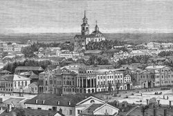 Реконструированное здание (в центре) на гравюре 1874 года