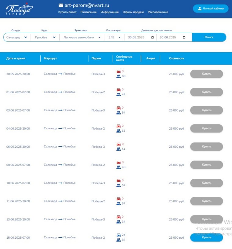 Места на паром для автомобилей сейчас есть в продаже только на 15 июня