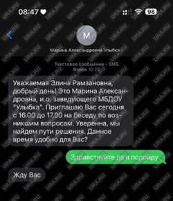 Скрин переписки Элины Пировой с детсадом МБДОУ «Улыбка»