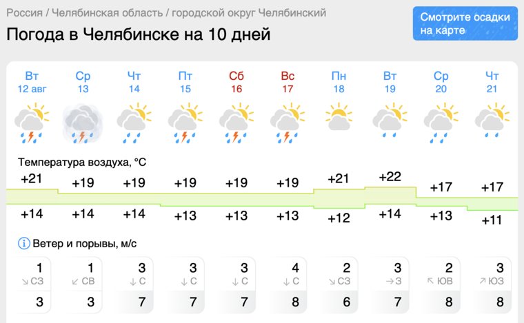 Дождливая, но теплая погода установится в Челябинске на неделе по 17 августа
