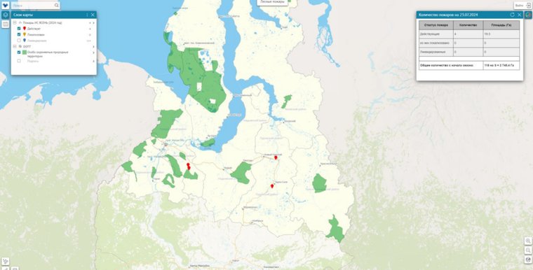 Карта действующих природных пожаров в ЯНАО на 23 июля